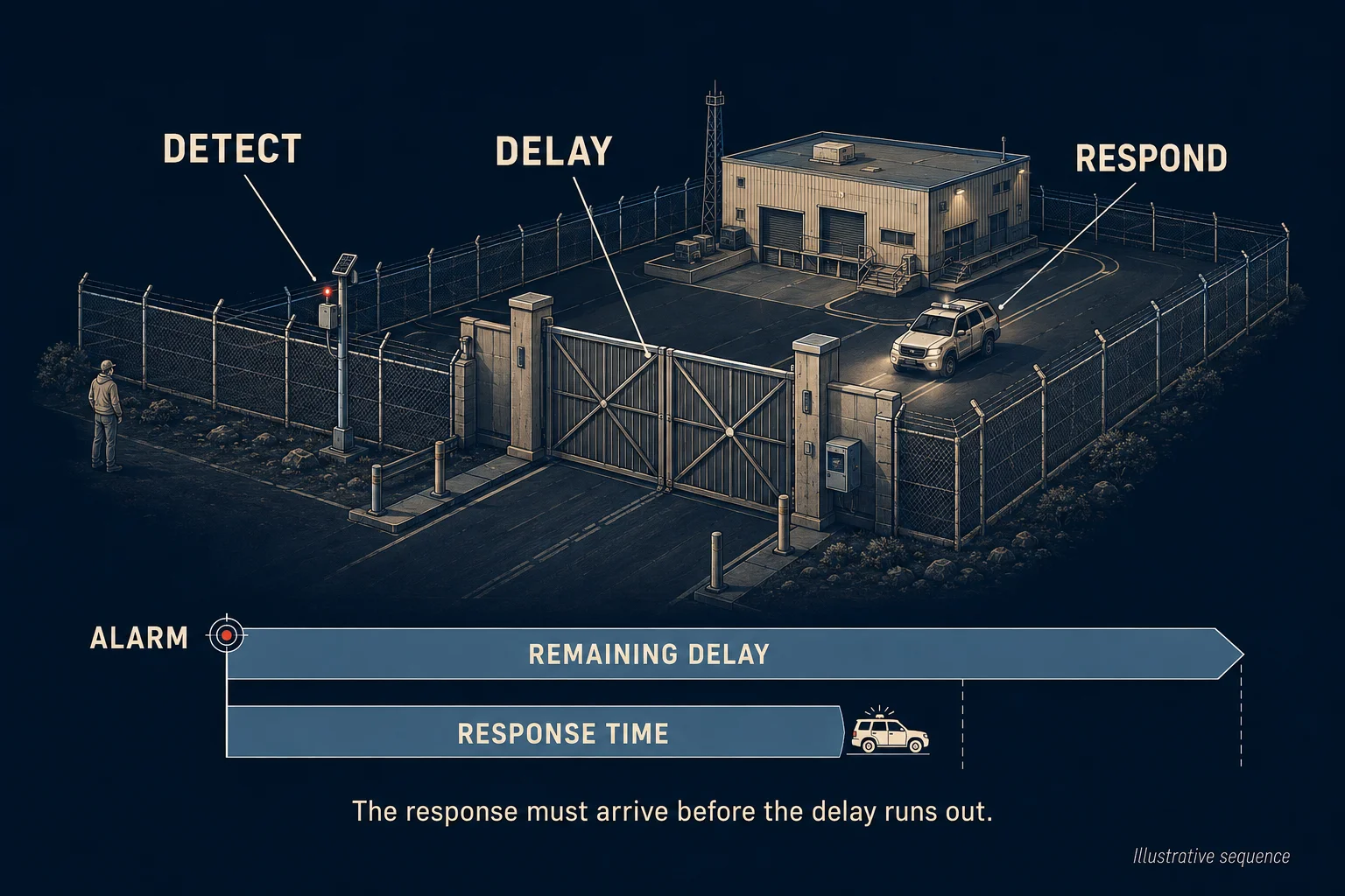 Illustrative timing, not measured performance: after detection, the delay remaining must exceed the time needed to assess, dispatch and arrive.