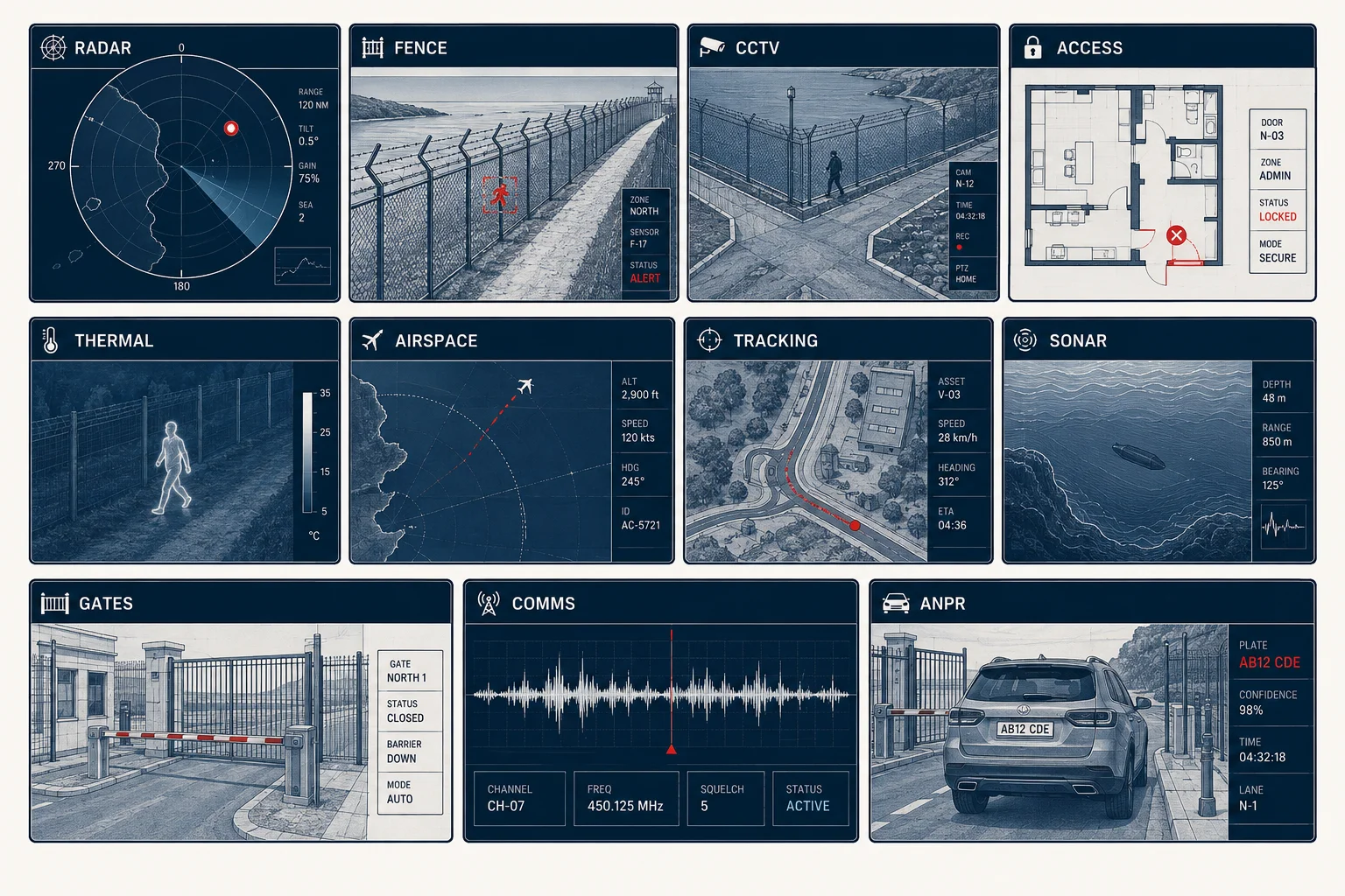 Eleven disconnected security feeds: radar, fence, CCTV, access, thermal, airspace, tracking, sonar, gates, communications and number plate recognition.