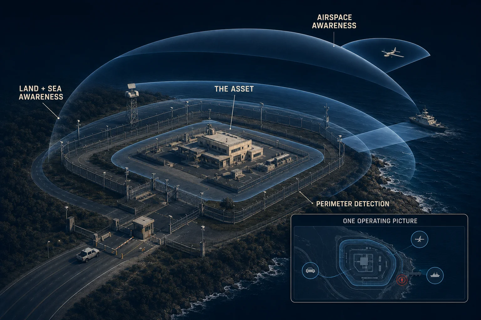 A coastal asset protected by perimeter detection, land and sea awareness, and airspace coverage, with every feed combined into one operating picture.
